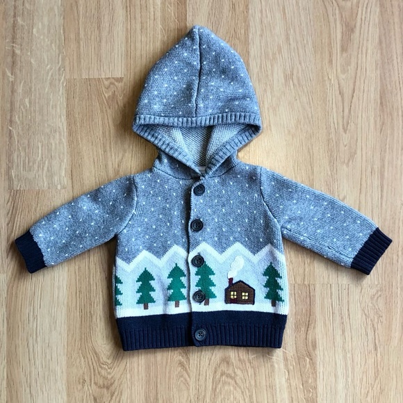 EUC Hanna Andersson Baby Boy Hooded Sweater-Gray With Buttons, Trees and Cabin - Picture 1 of 5